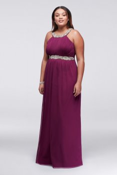 Plus Size Beaded Halter Neck Long Jersey Prom Dress Style 8420TA3W with Beaded Waistband