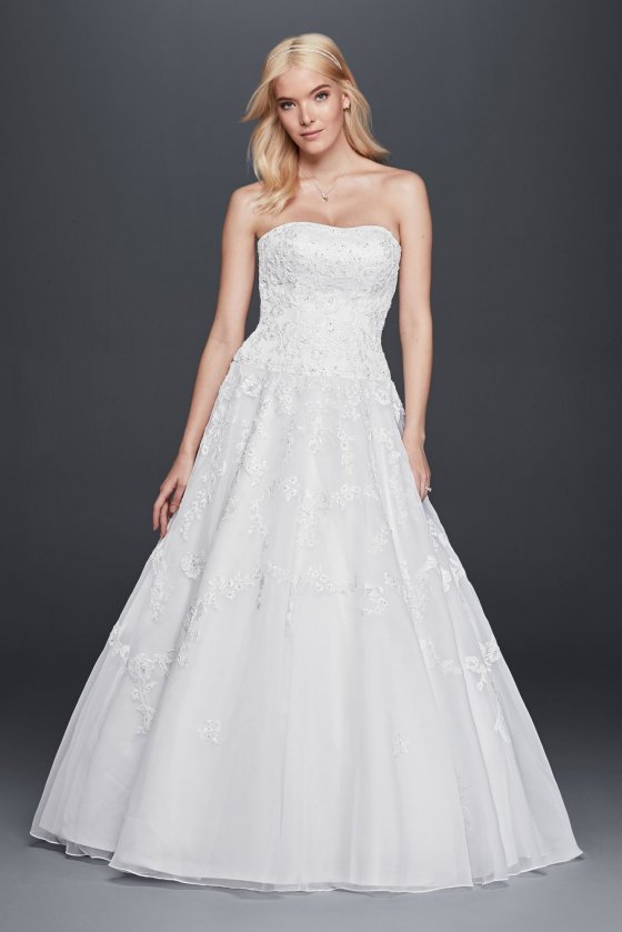 OP1299 Style Strapless Lace Appliqued Long Ball Gown Bridal Dresses with Drop Waist