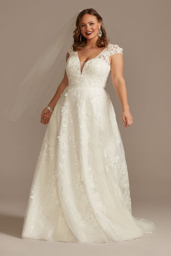 Cap Sleeve 3D Floral Lace Tall Plus Wedding Dress Oleg Cassini 4XL8CWG907