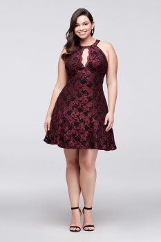 Unique Short Glitter Lace Plus Size Flare Dress with Keyhole Neckline Style 12399W