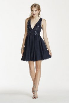 Sequin V-Neck Illusion Back Dress with Mesh Skirt Style 690581K5X
