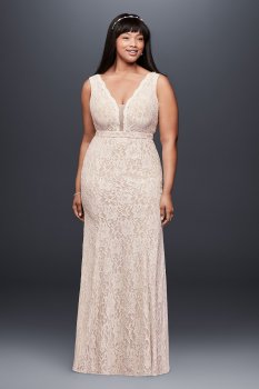V-Neck Lace Sheath Plus Size Wedding Dress Style XS8491W