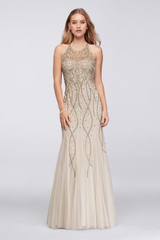 New Style Charming All Over Beads Embellished Mermaid Mesh Prom Dress with High Neck Style XS9270