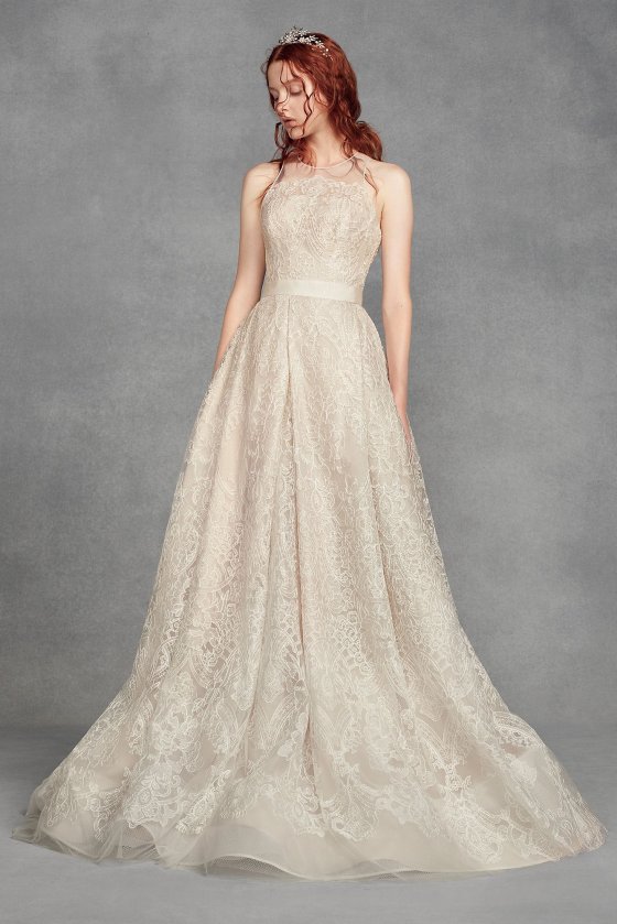 Petite Size Elegant Long A-line Lace Embroidered Princess Style Bridal Dress 7VW351400