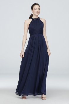 High-Neck Pleated A-Line Dress with Beading W60076