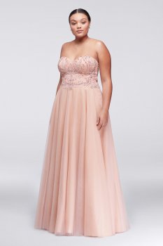 Plus Size Long Strapless 1711P2845W A-line Tulle Prom Gown with Basque Waist