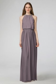 New Fashion Long A-line Beaded Neckline Chiffon Bridesmaid Gown Style W2446MDB