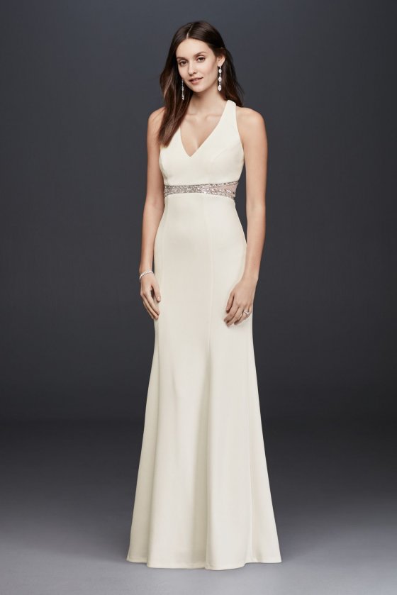 Fashion 183843 Style V-Neck Crepe Sheath with Beaded Illusion Back