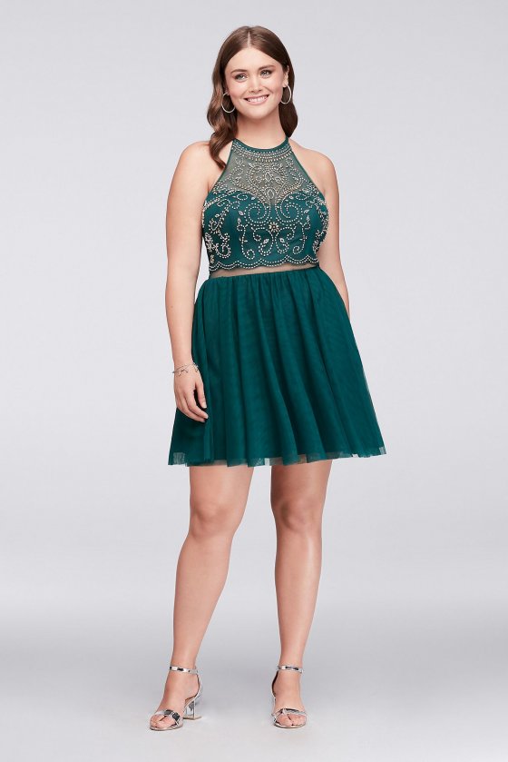 Plus Size Beaded Illusion Homecoming Dress with Teardrop Back Style 57485W