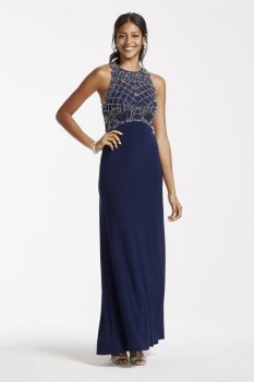 Long Jersey Dress with Beaded Illusion Pop Over Style 56872D