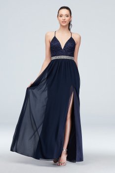 Glittery Lace Deep-V Skinny-Strap Dress with Belt CRF3473430