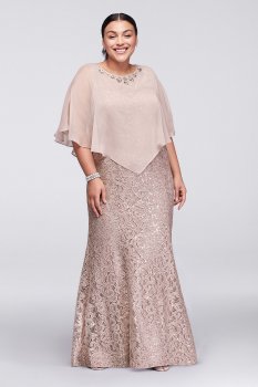 3523W Style Lace Plus Size Long Dress with Beaded Capelet
