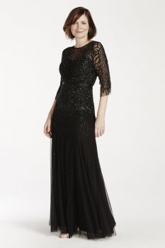 3/4 Illusion Sleeve Beaded Floor Length Dress Style 091899390