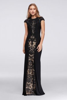New Coming VC141244 Style Short Sleeves Beaded Lace Insets Long Column Dress
