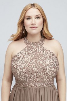 Round-Neck Lace and Jersey Halter Plus Size Gown 21606W