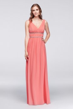 Charming Tank V Neck Long Surplice Bodice Chiffon Gown with Beaded Waist JP2917122