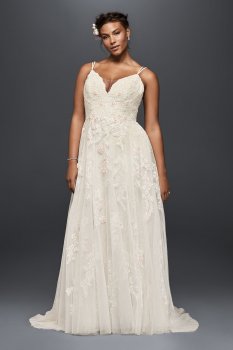 Plus Size Spaghetti Straps Long A-line Lace and Tulle Wedding Gowns 8MS251177