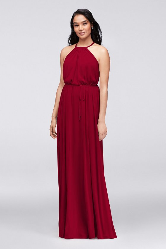 Soft Mesh Halter Bridesmaid Dress with Slim Sash F19533