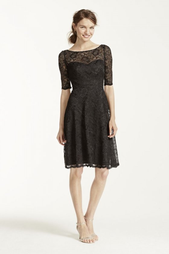 Short Lace Dress with Illusion Neck and Sleeves Style F15721