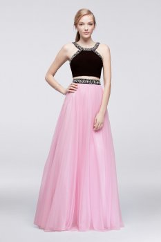 Beaded Halter Neck Long Two Piece 57323 Jersey and Tulle Dress