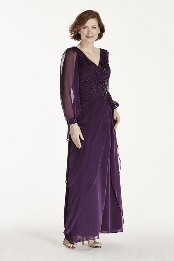 Long Sleeve Chiffon Dress with Beaded Bodice Style 3225