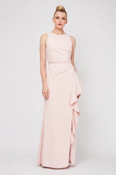 Long Sheath Sleeveless Ruched Stretch Cascading Dress Style 7137146