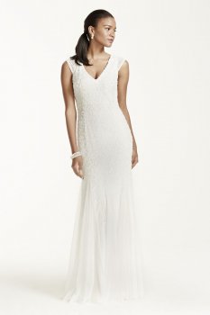 Cap Sleeve Beaded Sheath Gown with Godets Style 054464250