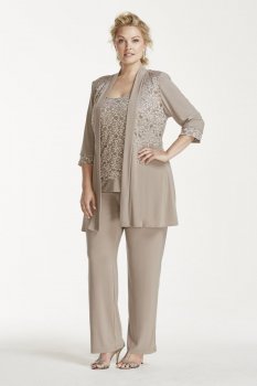 Mock Two Piece Lace and Jersey Pant Suit Style 7772W