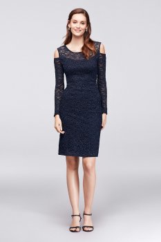 Long Sleeved 649670 Style Short Lace Cocktail Dress with Cold Shoulder