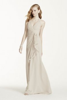 Soft Crinkle Chiffon Halter with Draped Cascade Style F12688