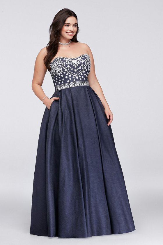 2018 NEW Style Embroidered Denim Plus Size Ball Gown Betsy and Adam