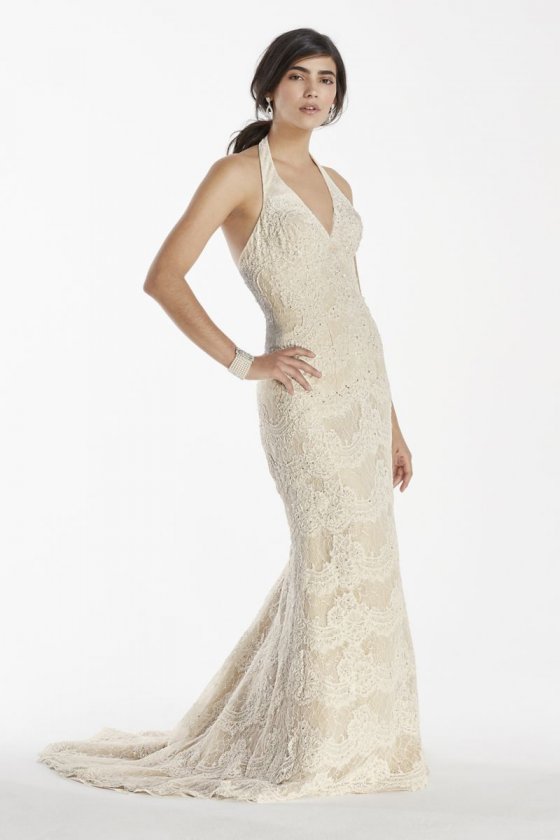Scallop Beaded Lace Halter V-Neck Trumpet Gown Style SWG691
