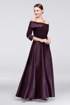 Off the Shoulder JHDM3159 Style Long A-line Satin Mother of the Bride Dress with 3/4 Sleeves