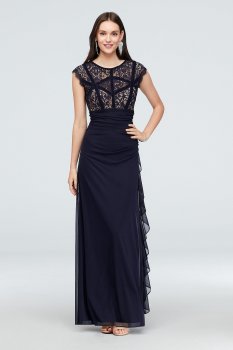 Velvet-Banded Lace and Chiffon Cap Sleeve Gown A21037