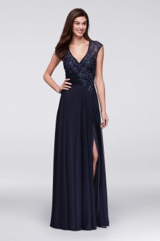 Modern Long A-line Crystal Lace Embellished 58257D V-neck Chiffon Mother of the Bride Gowns
