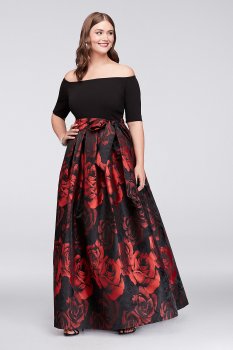 Off-The-Shoulder Jacquard Plus Size Short Sleeves Printed Long Ball Gown JHDW3111