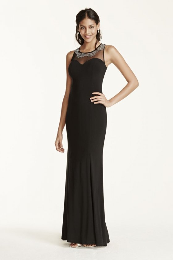 Stone and Pearl Embellished Illusion Jersey Dress Style 211S70570