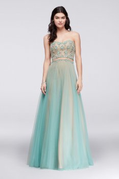 Strapless Sweetheart Neckline A-line Gem-Encrusted Tulle Faux Two-Piece 1611P1014G Style Prom Dress