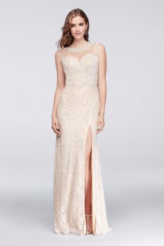 Elegant 172D Style Illusion Neck All Over Lace Dress with Slit Skirt