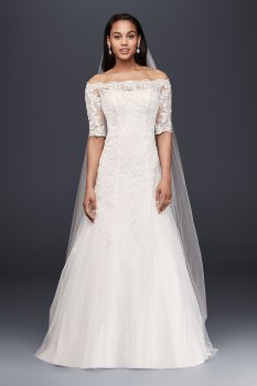 Extra Length Off the Shoulder 4XLWG3734 Style Lace Wedding Dress with 3/4 Sleeves