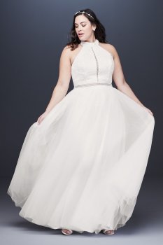 High Neck Illusion Tulle Plus Size Wedding Dress Galina 9WG3960