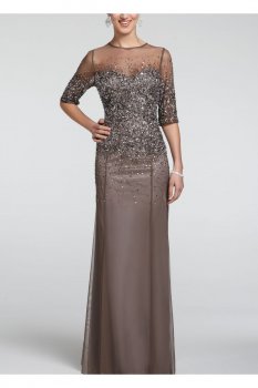 3/4 Sleeve Mesh Dress with Sequin Bodice Style 091863330