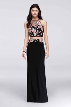 2017 Two Pieces Rose-Embroidered Illusion Crop Top Long Sheath Prom Dress 58411D