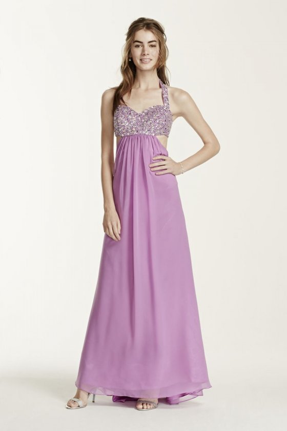 Beaded Halter Chiffon Dress with Cutout Detail Style 365