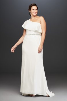 Plus Size One Shoulder Long Sheath Flounce Crepe Belted Wedding Gown 9SDWG0752