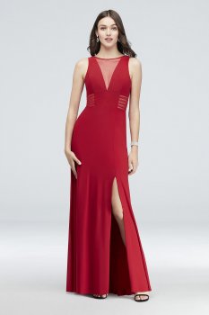 Illusion-Inset V-Neck Jersey Sheath Gown 12173D