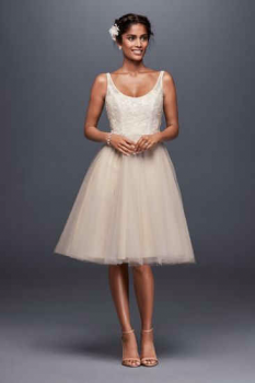 New Style Short Above Knee Length Scoop Neckline Tulle and Lace Bridal Gown WG3825
