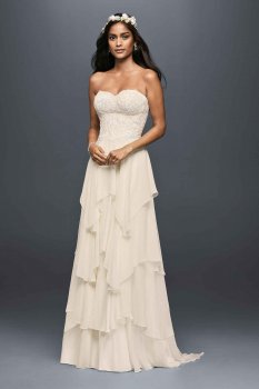 Simple Long A-line Strapless Tired Chiffon Bridal Dress with Lace Bodice MS251178