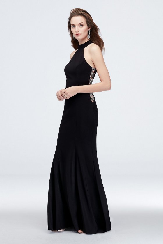 High-Neck Jersey Sheath Dress with Beaded Cutouts 1554X