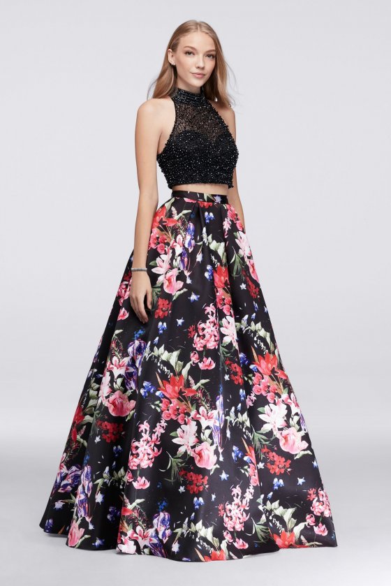 Fancy Two Pieces Floral Skirt and Beaded Top Prom Gowns Style DB55